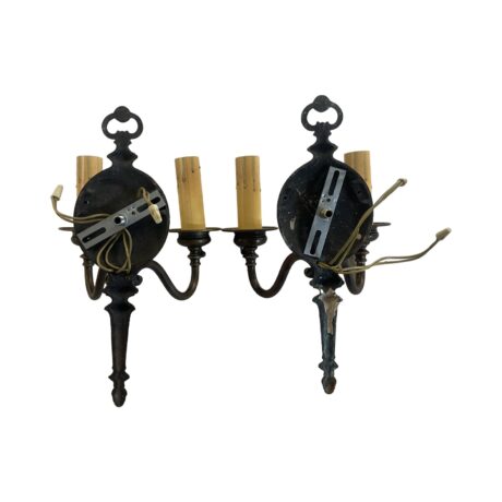 VL1173 Pair Antique c1920 Bronze Colonial Revival Double Arm Sconces Restored - Image 7