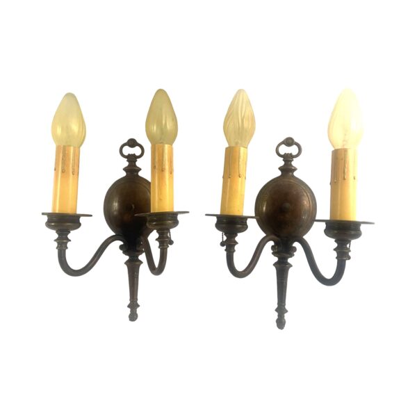 VL1173 Pair Antique c1920 Bronze Colonial Revival Double Arm Sconces Restored