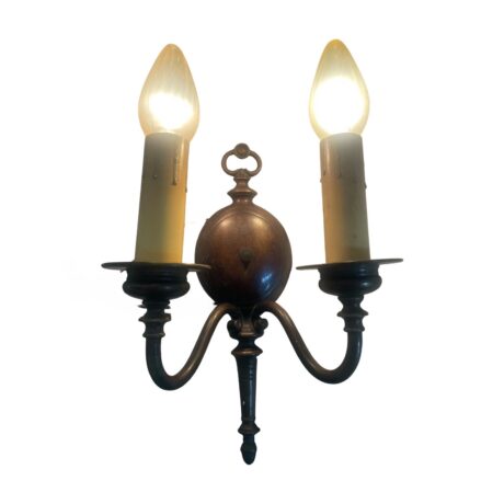 VL1173 Pair Antique c1920 Bronze Colonial Revival Double Arm Sconces Restored - Image 4